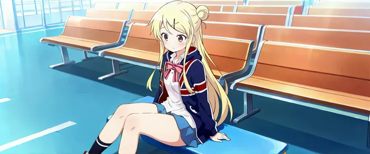 1girl,unwellness(autonomic nervous system disorder and depression) thick thighs Kujou Karen very long hair,blonde hair,single hair bun,hairclip,x hair ornament,sidelocks,side swept bangs,black eyes,white shirt,collared shirt,union jacket,pink bowtie,neck r...