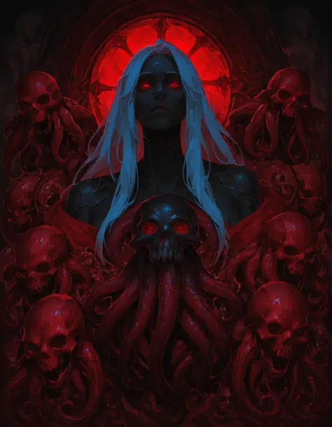 ((cthulhu portrait)) a mermaid with very long white hair, black fishtail, jet-black skin, webbed+clawed hand, under dark blood sea, octopus, dark red tentacles. detailed eyes, detailed scales, detailed fins, skulls, dark vibe, horror atmosphia,cthulhu.