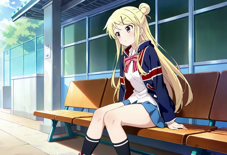 1girl,unwellness(autonomic nervous system disorder and depression) thick thighs Kujou Karen very long hair,blonde hair,single hair bun,hairclip,x hair ornament,sidelocks,side swept bangs,black eyes,white shirt,collared shirt,union jacket,pink bowtie,neck r...