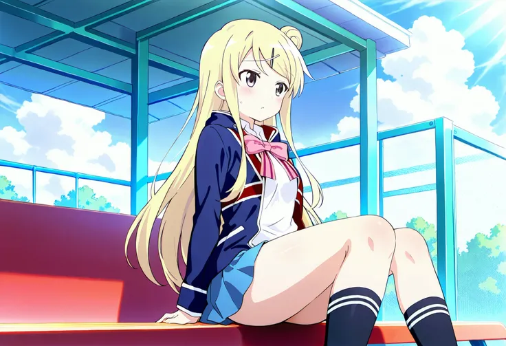 1girl,unwellness(autonomic nervous system disorder and depression) thick thighs Kujou Karen very long hair,blonde hair,single hair bun,hairclip,x hair ornament,sidelocks,side swept bangs,black eyes,white shirt,collared shirt,union jacket,pink bowtie,neck r...