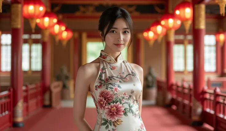 live-action,Super busty women, big woman , puts his hands on his lower back , chest for men with one arm,Chinese Royal Palace , she is wearing a silk china dress , Flower and bird pattern China dress ,hot cheongsam, amazingly thin China dress ,開いた...