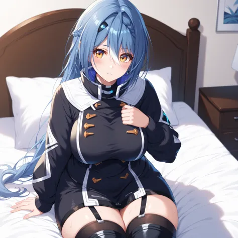 master piece、Best Quality,Super detailed,High resolution,Extremely detailed CG,Unity 8K Wallpaper,weat,score_9, score_8_up, score_7_up, score_6_up, score_5_up, score_4_up, Etra, blue hair, long hair, yellow eyes, white streaked hair, braid, hairclip,Vt_2nd...