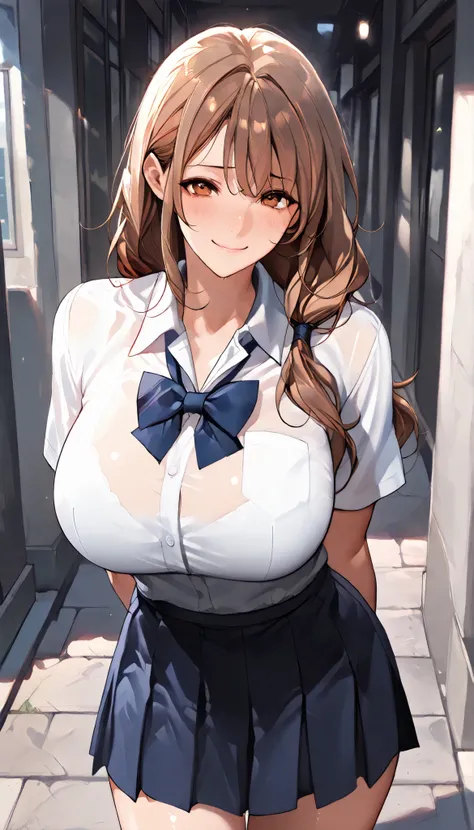 Modern Backgrounds,A female with slim body(older girl),huge oppai,shiny skin,(Wearing A loose JK skirt),(Loose school uniform)(See-through),((Arms behind back)),On the street in a residential area,(Brown hair,low-tied long hair),hands folded, Chest compres...