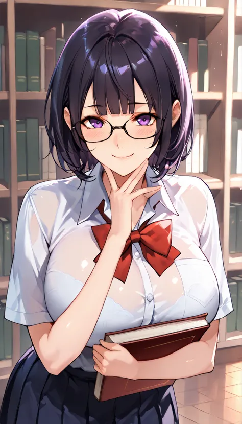 Modern Backgrounds,A female with slim body(older girl),Purple eyes,Wearing Glasses,huge oppai,shiny skin,(Wearing A loose JK skirt),(Loose school uniform)(See-through),In The School Library,(Black short hair, blunt bangs),Holding a book(Closed),light smile...