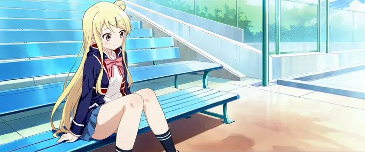 1girl,unwellness(autonomic nervous system disorder and depression) thick thighs Kujou Karen very long hair,blonde hair,single hair bun,hairclip,x hair ornament,sidelocks,side swept bangs,black eyes,white shirt,collared shirt,union jacket,pink bowtie,neck r...
