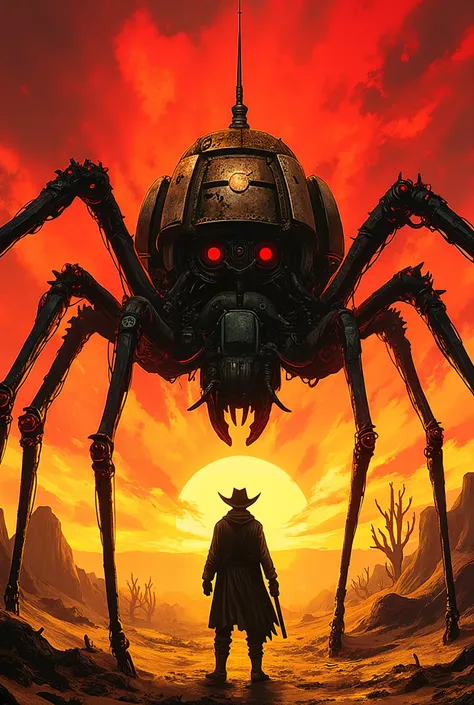 Spider-shaped Military Giant Weapon Running Through the Wilderness、Rising Dust、Sunset、Cowboy Gunman Confronting、steampunkと西部劇の融合、Dream Match、realistic,high quality,8K,ULTRA PRECISION,Physically Based Depiction,professional ,vivid color,Bokeh,Mechanical,wit...