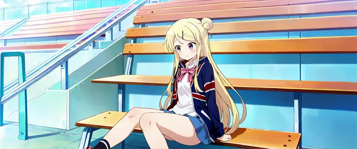 1girl,unwellness(autonomic nervous system disorder and depression) thick thighs Kujou Karen very long hair,blonde hair,single hair bun,hairclip,x hair ornament,sidelocks,side swept bangs,black eyes,white shirt,collared shirt,union jacket,pink bowtie,neck r...