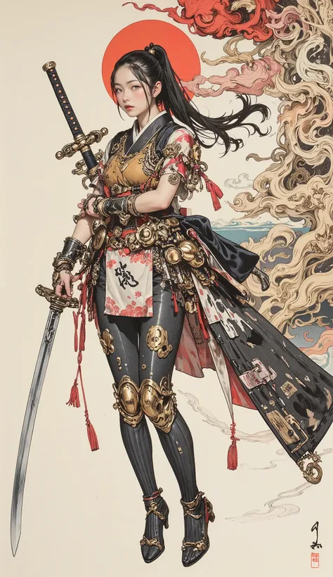 Cyberpunk Style Female Swordsman just before slashing at viewers with a huge Japanese sword、Sword with Beautiful Ripples、Wild Dancing Sword、Higo Mamoru、Create a Very Old Picture, Sword with Beautiful Ripples、beautiful girl、ponytail, Inspired by Utagawa Kun...