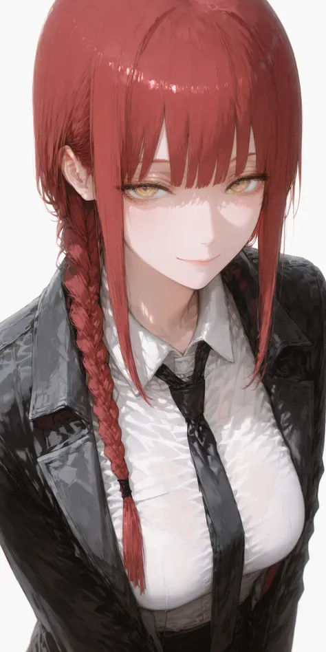 1girl, Solo, Braided hair on one side,  yellow eyes,  masterpiece, accurate,  High detail ,  High Quality , High definition,  half pack,  big ,  illustration ,  white shirt,  black tie, white background,  modern style clothes, Beautiful light,  beautiful f...