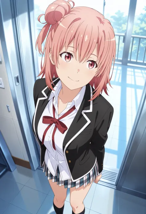(masterpiece, best quality, official style),ultra detailed,(newest),8k,texture,very aesthetic,(sharp focus),smooth,(unreal engine),realistic skin,anime face,cute round face,detailed eyes, BREAK smile,1girl,yui yuigahama,pink hair,short hair,gradient hair,h...