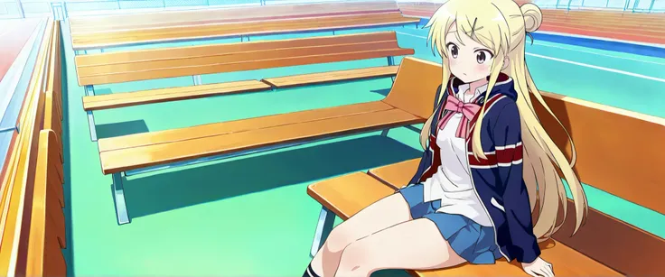 1girl,unwellness(autonomic nervous system disorder and depression) thick thighs Kujou Karen very long hair,blonde hair,single hair bun,hairclip,x hair ornament,sidelocks,side swept bangs,black eyes,white shirt,collared shirt,union jacket,pink bowtie,neck r...