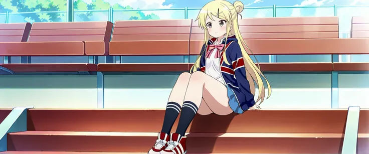 1girl,unwellness(autonomic nervous system disorder and depression) thick thighs Kujou Karen very long hair,blonde hair,single hair bun,hairclip,x hair ornament,sidelocks,side swept bangs,black eyes,white shirt,collared shirt,union jacket,pink bowtie,neck r...