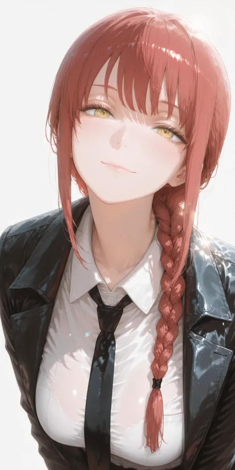 1girl, Solo, Braided hair on one side, yellow eyes, masterpiece, accurate, High detail , High Quality , High definition, half pack, big , illustration , white shirt, black tie, white background, modern style clothes, Beautiful light, beautiful f...