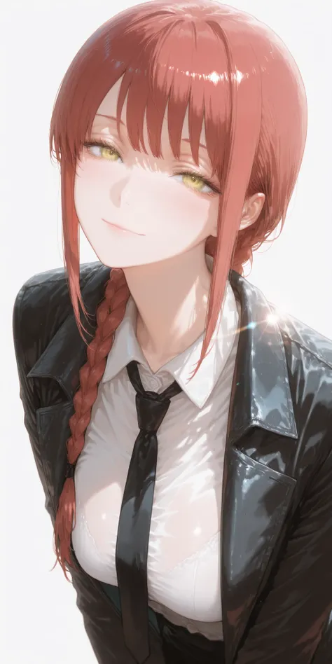 1girl, Solo, Braided hair on one side, yellow eyes, masterpiece, accurate, High detail , High Quality , High definition, half pack, big , illustration , white shirt, black tie, white background, modern style clothes, Beautiful light, beautiful f...
