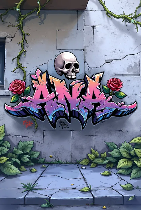 Cool graffiti spelling 'Ana' on a stone wall background, redred rose flower skull, creeping roots, Chinese