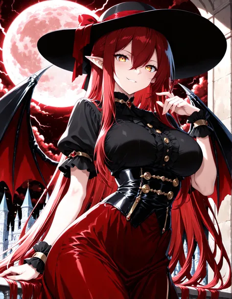 1 girl , golden eyes , very long hair , long sidelocks, red hair ,half updo, petite , very cute , beautiful ,Straight hair, cool, handsome, hair between eyes, sexy, ((medium large breasts)), curvy but petite, very cute, lovely, bat wings, wings, hat, hat r...