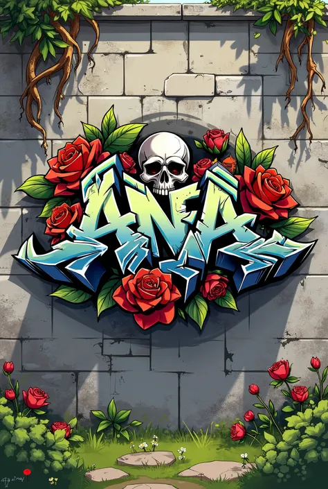 Cool graffiti spelling 'Ana' on a stone wall background, skull combined with red roses, roses around the graffiti, creeping roots, Chinese
