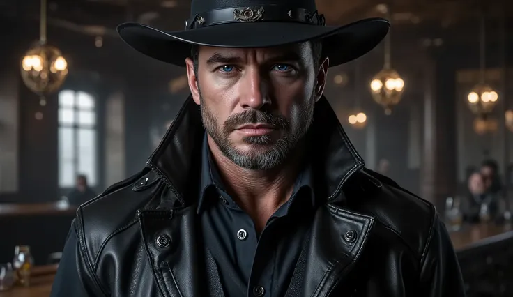 (1 Man) portrait of a handsome (stoic) man, (short black hair), (rough face and stubble, stoic expression), (firm jaw, (blue eyes), (strong face), standing sideways at the bar, hand relaxed near the holster, :1,2, (wearing a dark (leather) overcoat, button...