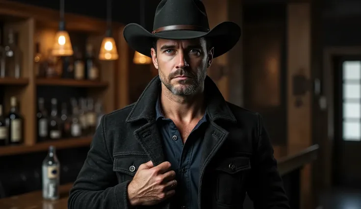(1 Man) portrait of a handsome (stoic) man, (short black hair), (rough face and stubble, stoic expression), (firm jaw, (blue eyes), (strong face), standing sideways at the bar, hand relaxed near the holster, :1,2, (wearing a dark (leather) overcoat, button...