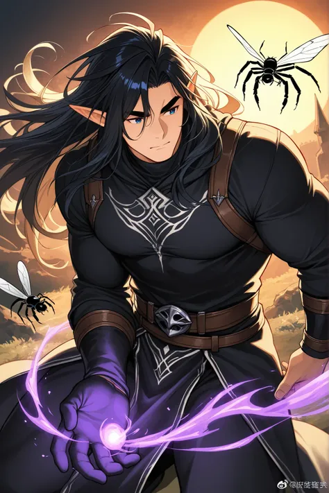 guy; elf; dark fantasy; powerful insect and spider magic; elf; black long hair, black thick eyebrows ; elf друид; bara; полный рост