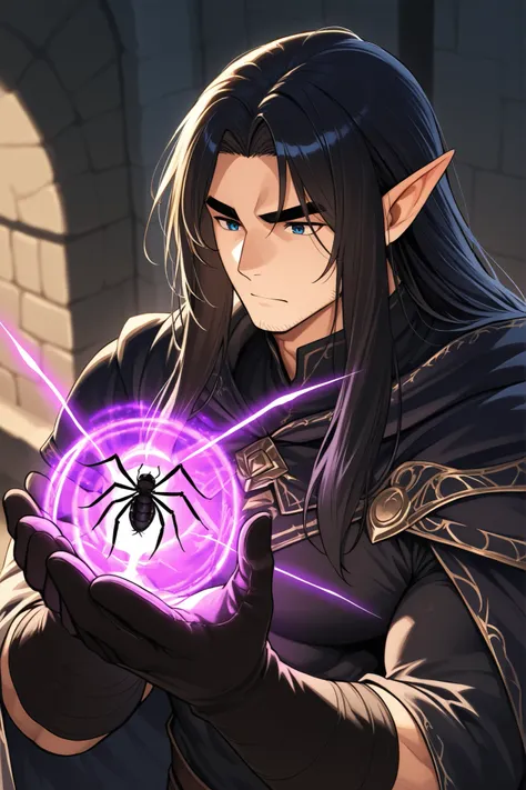 guy; elf; dark fantasy; powerful insect and spider magic; elf; black long hair, black thick eyebrows ; elf друид; bara; полный рост