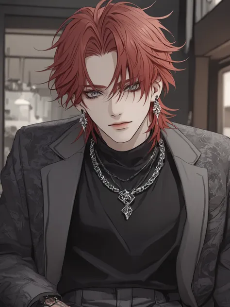 masterpiece,  great picture , handsome man from manхva, red hair, Grey Eyes, with a cold gaze, punk style, wearing a necklace, 6 ear earrings , punk background, highly detailed eyes, detailed face, detailed body, Detailed Background, 8k photos、Black luxury...