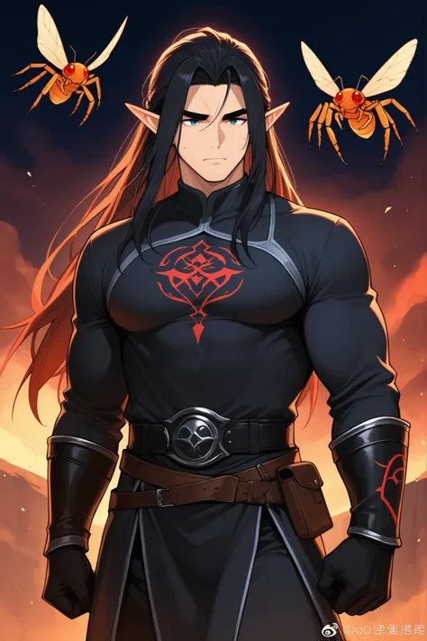 guy; elf; dark fantasy; powerful insect and spider magic; elf; black long hair, black thick eyebrows ; elf друид; bara; полный рост; серые глаза; без одежды, обнажен