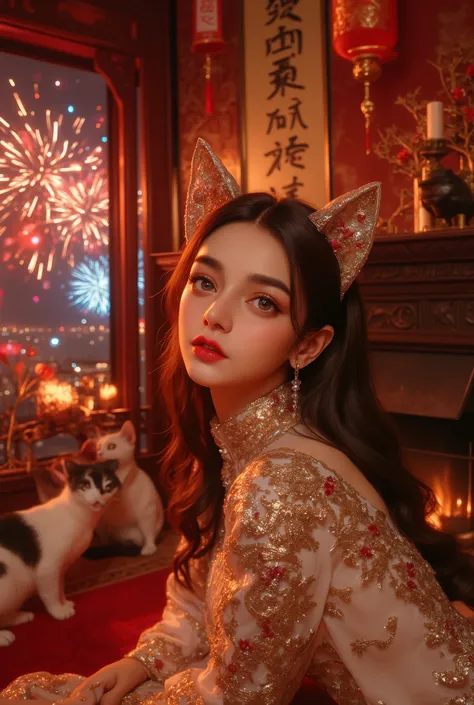 Cat ears、 face up、((( Lying in Bed))) attractive, pretty girl, ponytail、 (( fine facial features , eroticism)), dramatic lighting , realistic , 8k, Dramatic Shadows , intricate and elaborate patterns , super detailed photo ...