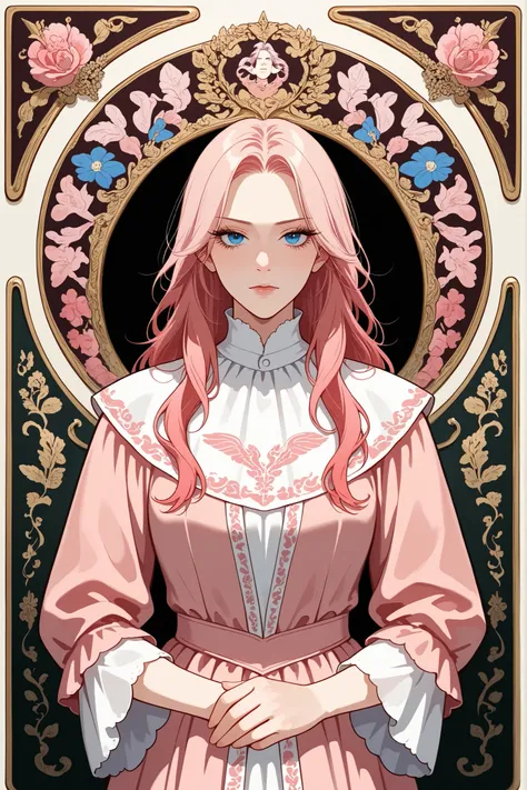 long pink hair, medieval European noble prince, Baroque style, medieval pink and white court dress, (((long hair))), blue eyes, indifferent, long eyelashes, clear, pagan mythology, rich layers, half-body, (((pink hair))), semi-thick coating