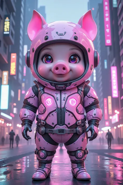 (wide angle:1.5),photorealistic portrait of Dressed animals - a ((fat)) (chibi) (baby pig)cyber agent,(art by Simon Bisley),(happy smile:1.5),(furry),high quality,(lovely) ,intricate detailed cyber bodysuits, highly detailed (cyberpunk Fashion),(wearing pe...