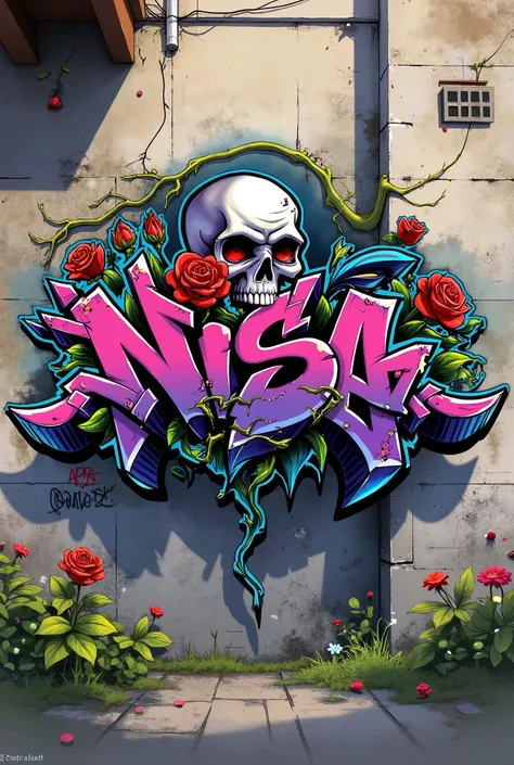 Cool graffiti spelling pink blue 'Nisa' on a stone wall background, skull combined with red roses, roses around the graffiti, creeping roots, Chinese