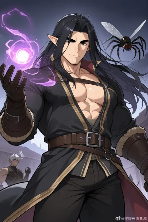 guy; elf; dark fantasy; powerful insect and spider magic; elf; black long hair, black thick eyebrows ; elf друид; bara; полный рост; серые глаза; без одежды, обнажен; только в трусах