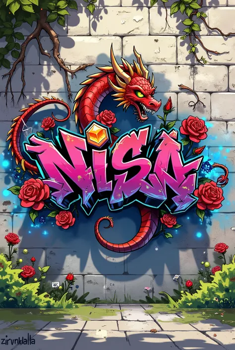 Cool graffiti spelling pink blue 'Nisa' on a stone wall background, Dragon combined with red roses, roses around the graffiti, creeping roots, Chinese
