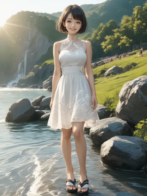 Masterpiece, best quality, high quality images 
bright sunlight, natural landscape 
beautiful Japanese woman, 
dark hair, short hair, brown eyes, 
bashful smile, standing 
white sleeveless dress, very short skirt, 
body line showing through in the sun, 
ra...