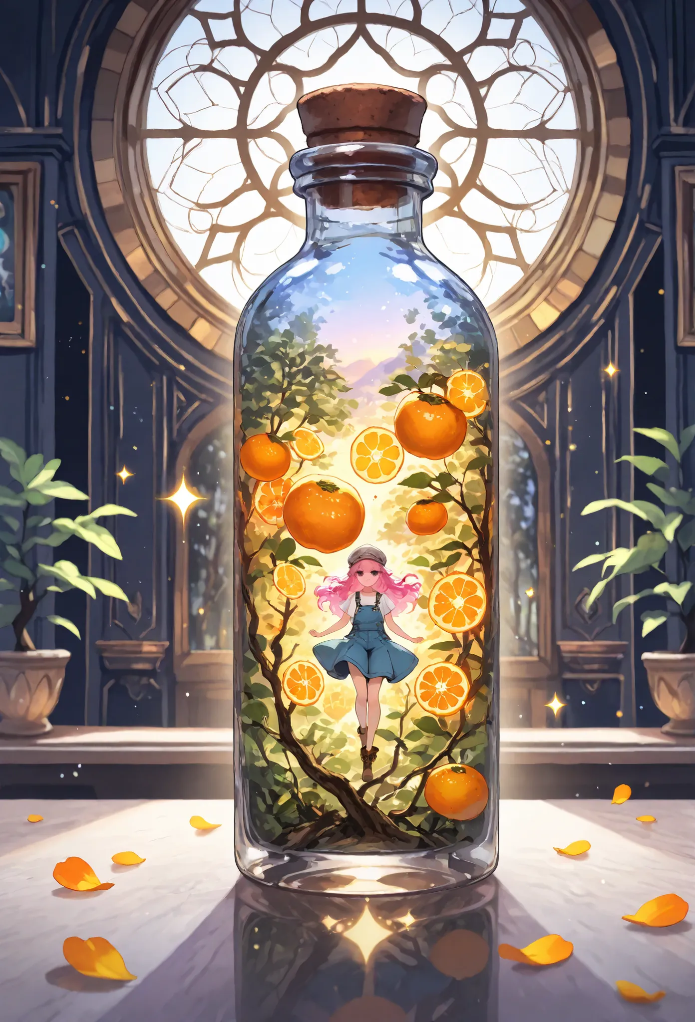 high-resolution fantasy-themed digital illustration of a tall, elegant glass bottle sealed with a silver cap, inside the bottle, a dreamlike miniature landscape unfolds, featuring a delicate silhouette of a figure crossing a narrow bridge surrounded by twi...