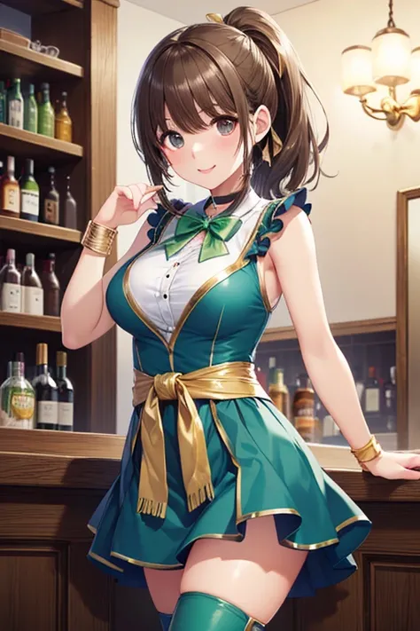 masterpiece、high resolution、8k、Highest Quality、 high chroma、High Clarity 、Western worldview 、anatomical structure、perfect body、Morning Light、Studio Lights、 soft shadows、Kabar、beautiful skin、 Beautiful eyes on my belly、Super Details、( gold:1.4)、long hair、ponytail、shiny costume、 red ribbon、solo、Cute Japanese Girl、1 person、textured skin、slim figure、Big Breasts、Look at this、 Cowboy costume((green sleeveless dress 1.3、pink bow tie on chest、black choker、green wrist scrunch、Green long boots、Green tight skirt:1.8、cover with a micro mini skirt - both eyes with one hand:1.8、green winter boots、gold band on the waist))、 high chroma、High Clarity 、green eyes、big eyes、embarrassing、bar、put a cheek stick on the counter、wear a skirt、Inside the BAR、standing with legs open、from below、cowboy、、uncensored、from behind、Looking up at the ladder

   



,((( masterpiece,  Highest Quality,  high resolution, 超 high resolution,  pixel perfect ,  description boundary, 4K, RTTX10.0))),
、Anegasaki Nene, shiny brown hair, beautiful brown eyes, smiling face, sparkling pupils, (fine grain), , highly detailed face,, (masterpiece:1.2, best quality), ((only1 girl)), ((cowboyshot：1.5))