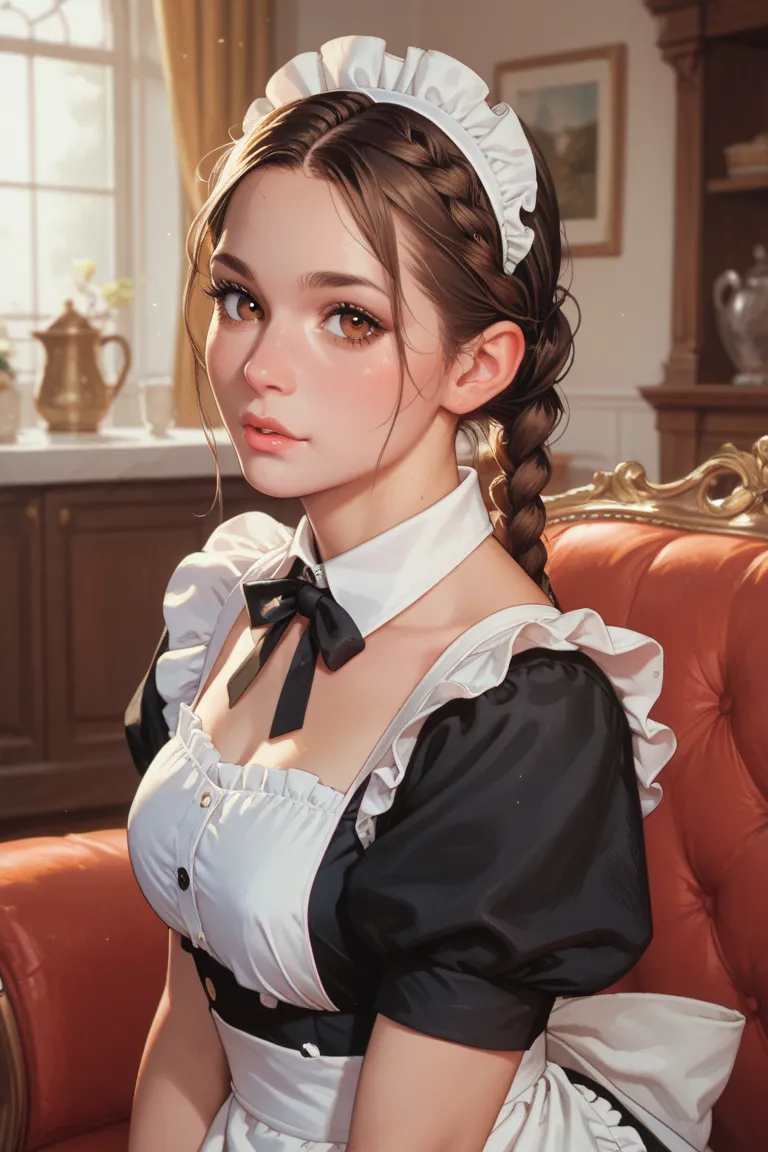 Young black female, brown eyes, brown hair braided back of head into a bun. She is wearing a maid's uniform.