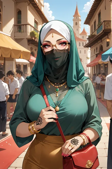 score_9, score_8_up, score_7_up, source_anime, best quality,  
1girl, Arabic, milf, natural breasts, glasses, wearing silk hijab, face veil, green satin strapless dress, white lace gloves, necklace jewelry, makeup accentuating feminine features, eye shadow...