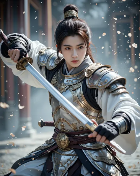 A 20-year-old man wears the silver armor of an ancient Chinese soldier in a mobile, the sword is taken fiercely, he holds a sword in his hand.