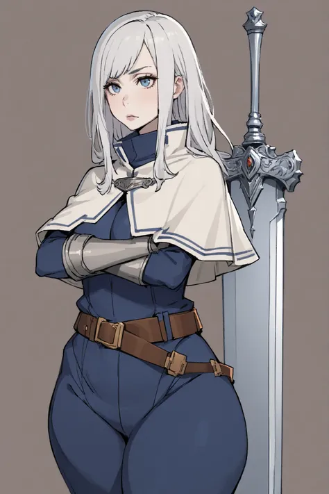 1 girl, long white hair, side bangs, blue eyes, pale skin, voluptuous, blue bodysuit, white capelet, brown boots, belt, great sword, silver gauntleds, simple background, arms crossed