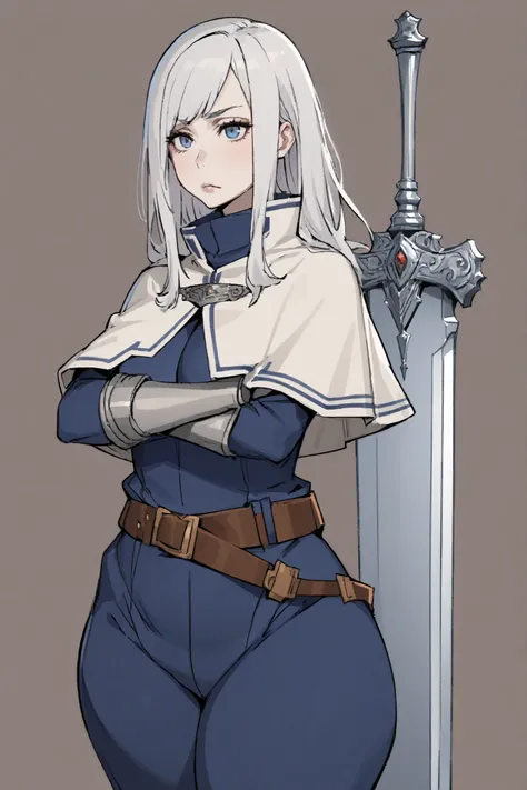 1 girl, long white hair, side bangs, blue eyes, pale skin, voluptuous, blue bodysuit, white capelet, brown boots, belt, great sword, silver gauntleds, simple background, arms crossed