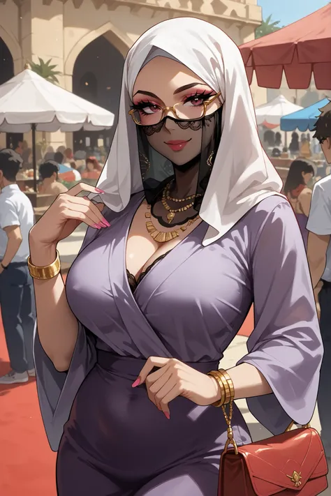 score_9, score_8_up, score_7_up, source_anime, best quality,  
1girl, Arabic, milf, natural breasts, glasses, wearing silk hijab, face veil, purple satin sleeveless robe, white lace gloves, tight strap, necklace jewelry, makeup accentuating feminine featur...