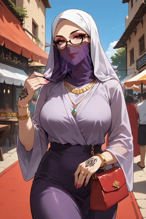 score_9, score_8_up, score_7_up, source_anime, best quality,  
1girl, Arabic, milf, natural breasts, glasses, wearing silk hijab, face veil, purple satin sleeveless robe, white lace gloves, tight strap, necklace jewelry, makeup accentuating feminine featur...
