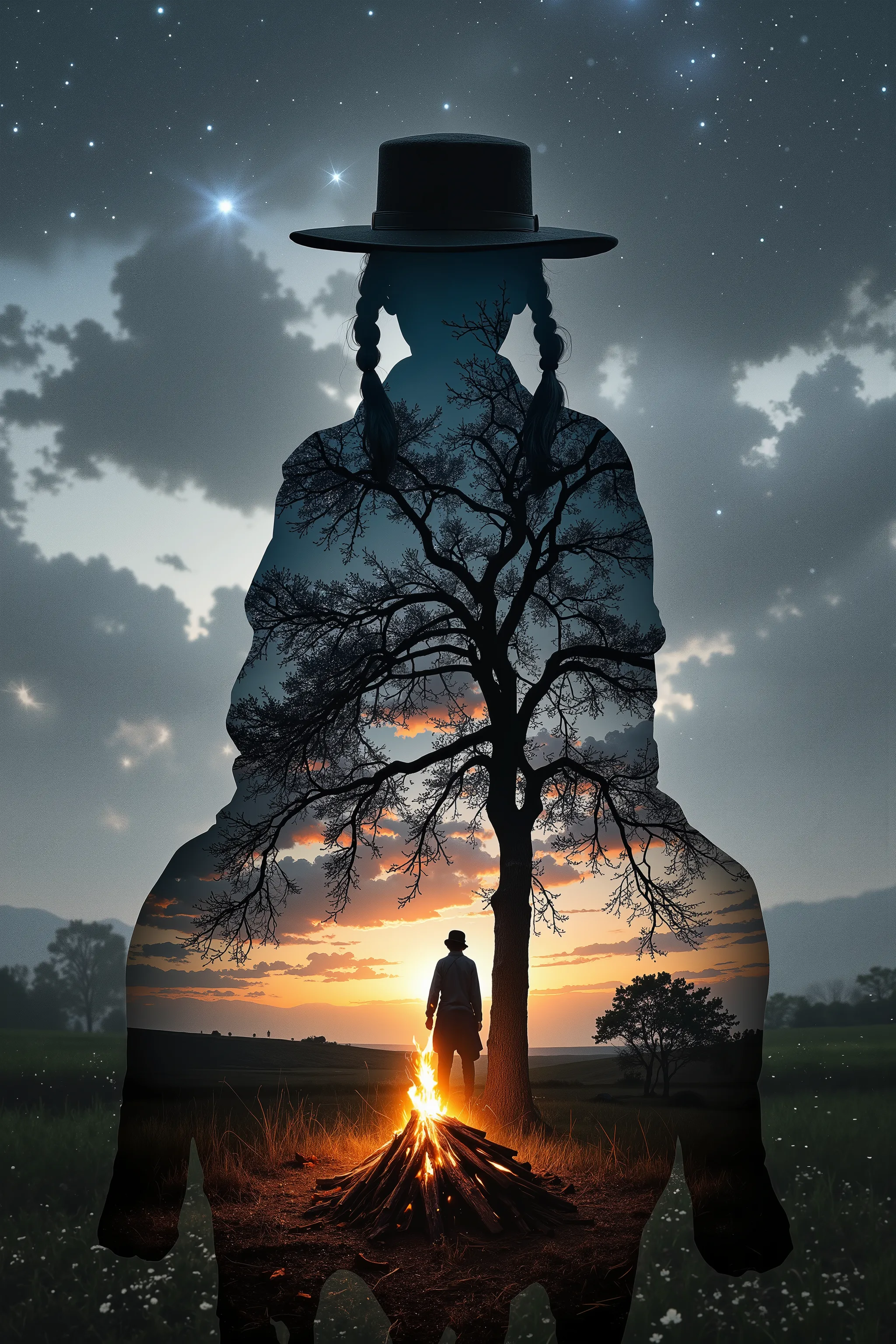 complex double exposure of high quality, Portrait blending double exposure technique with a dark silhouette of a astride a horse, sporting a hat, two black braids integrated with images of twilight and a starry sky, a bonfire illuminating horizon,a tall t...