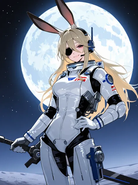 sci-fi worldview、slim spacesuit 、rabbit ears、 Eye patch、Woman with long blond hair 、big moon behind it 、Hold a mechanical sword、 cool、headset、 Smile、mature、 slightly big