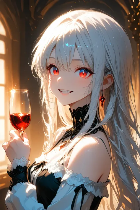 From side red eyes glowing effect　tooth【masterpiece】Precise drawing【high quality】【masterpiece】【with precise and delicate drawing】【dynamic lighting】【Super Detail】"A young anime-style girl with long, flowing white hair that cascades down her back, styled loo...