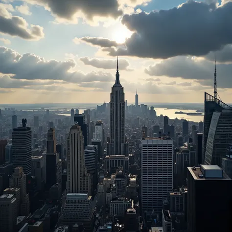 New York from above; satellite view. Beautiful day. gray sky; heavy clouds. Empire State Building seen from above. Blue sky. complex clothing textures, warm lighting, photorealistic, cinematic composition, vibrant colors, depth of field (best quality, 8k, ...