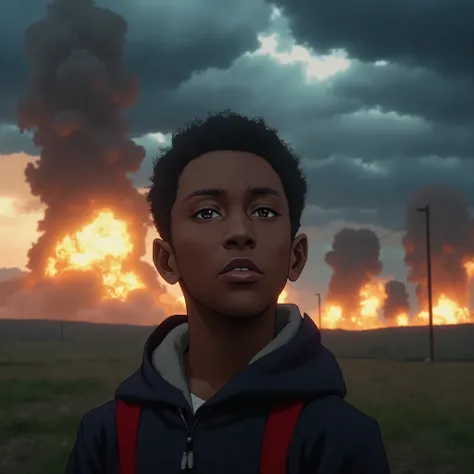 Large explosions on the horizon.; Imagine a black boy in the foreground, with an expression of hope and sadness at the same time, looking up at the dark sky, heavy with clouds. On the horizon, bombs fall, exploding and illuminating the sky with intense and...