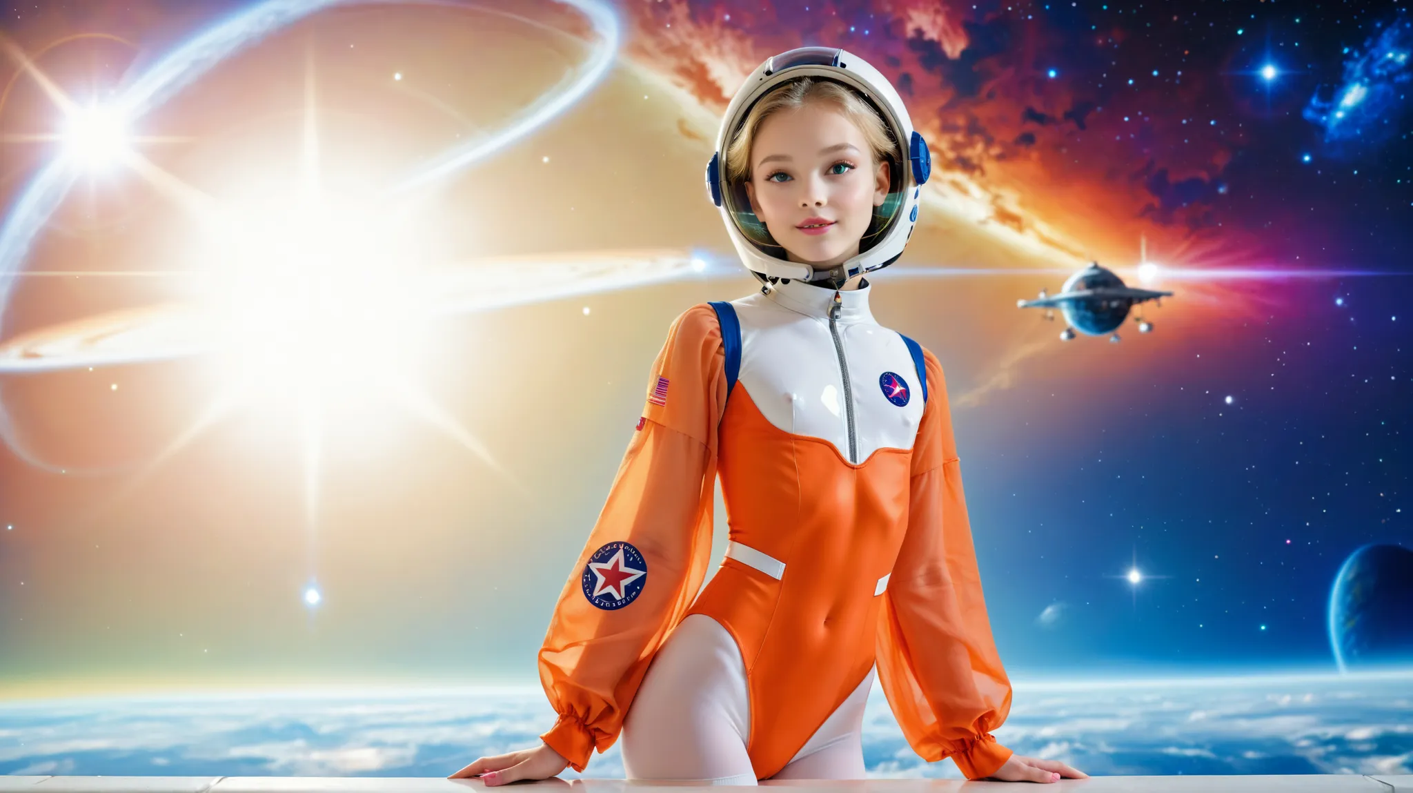(very skinny girl: 1.0),(is a very young girl: 1.0), Beautiful girl, skinny girl, thin waist, wide hips,  Slender legs,  Very young face , flat chest, hip spacing (camel paw: 1.2), Leotard,in white knee socks , wearing a spacesuit helmet, have very light g...