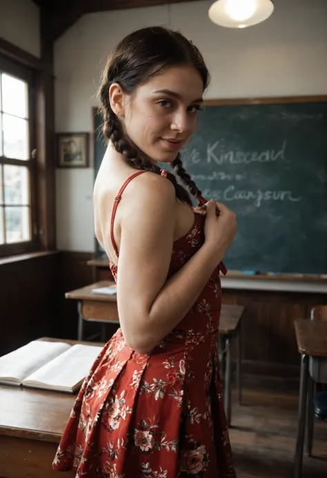 photograph of a young glamorous Japanese woman with slim body standing in a brightly lit classroom, wearing a form-fitting red dress adorned with playful cartoon characters. Her long, dark hair is styled in two braids, and she smiles confidently at the cam...